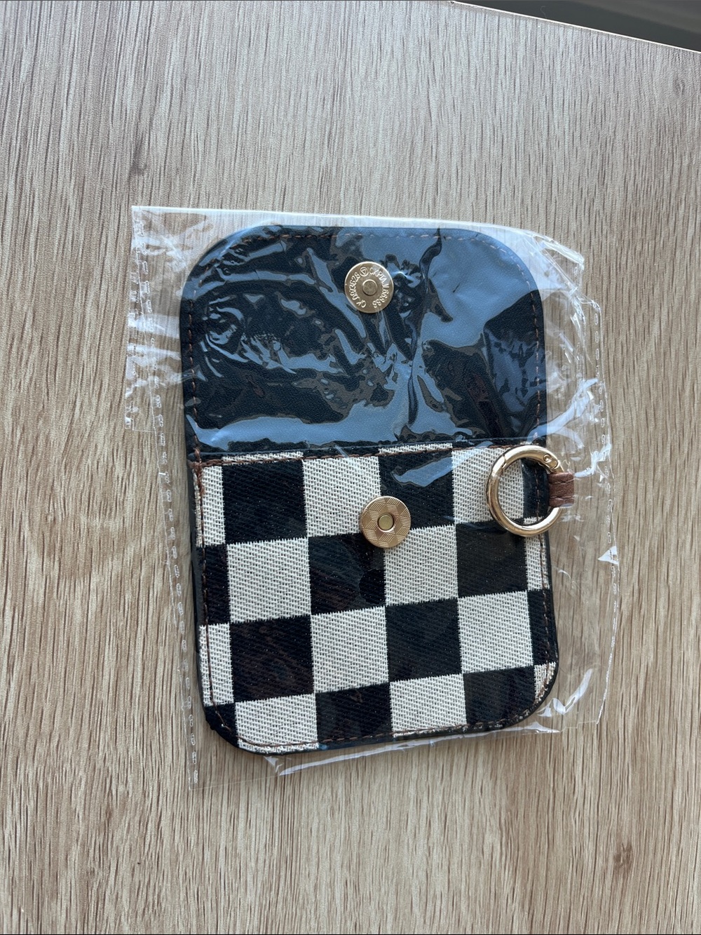 Checkerboard Mini Key Pouch with Gold Ring - Black & White